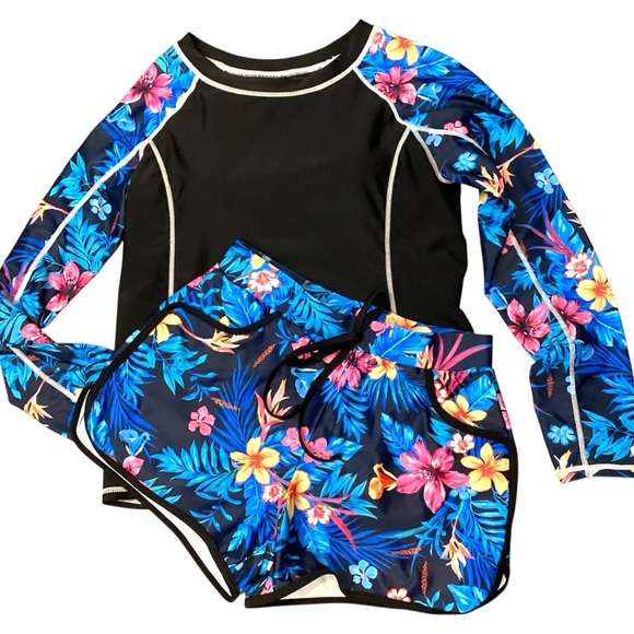 DACI Long Sleeve Rash Guard Built in Bra Shorts with Pockets Small Blue Floral - Picture 1 of 11